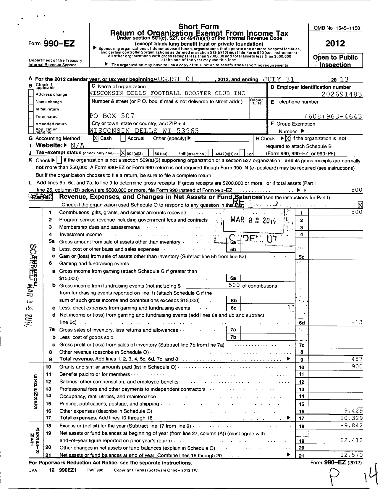 Image of first page of 2012 Form 990EZ for Dells Football Booster Club