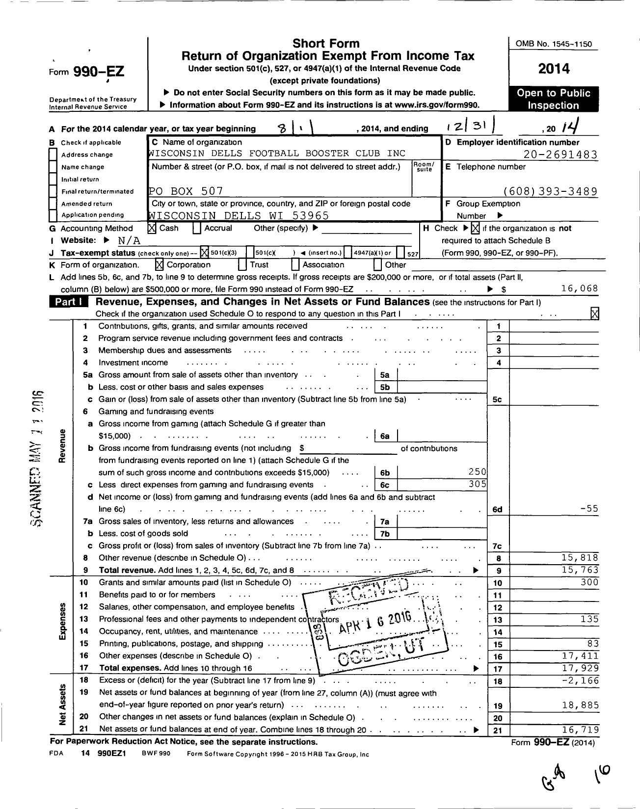 Image of first page of 2014 Form 990EZ for Dells Football Booster Club