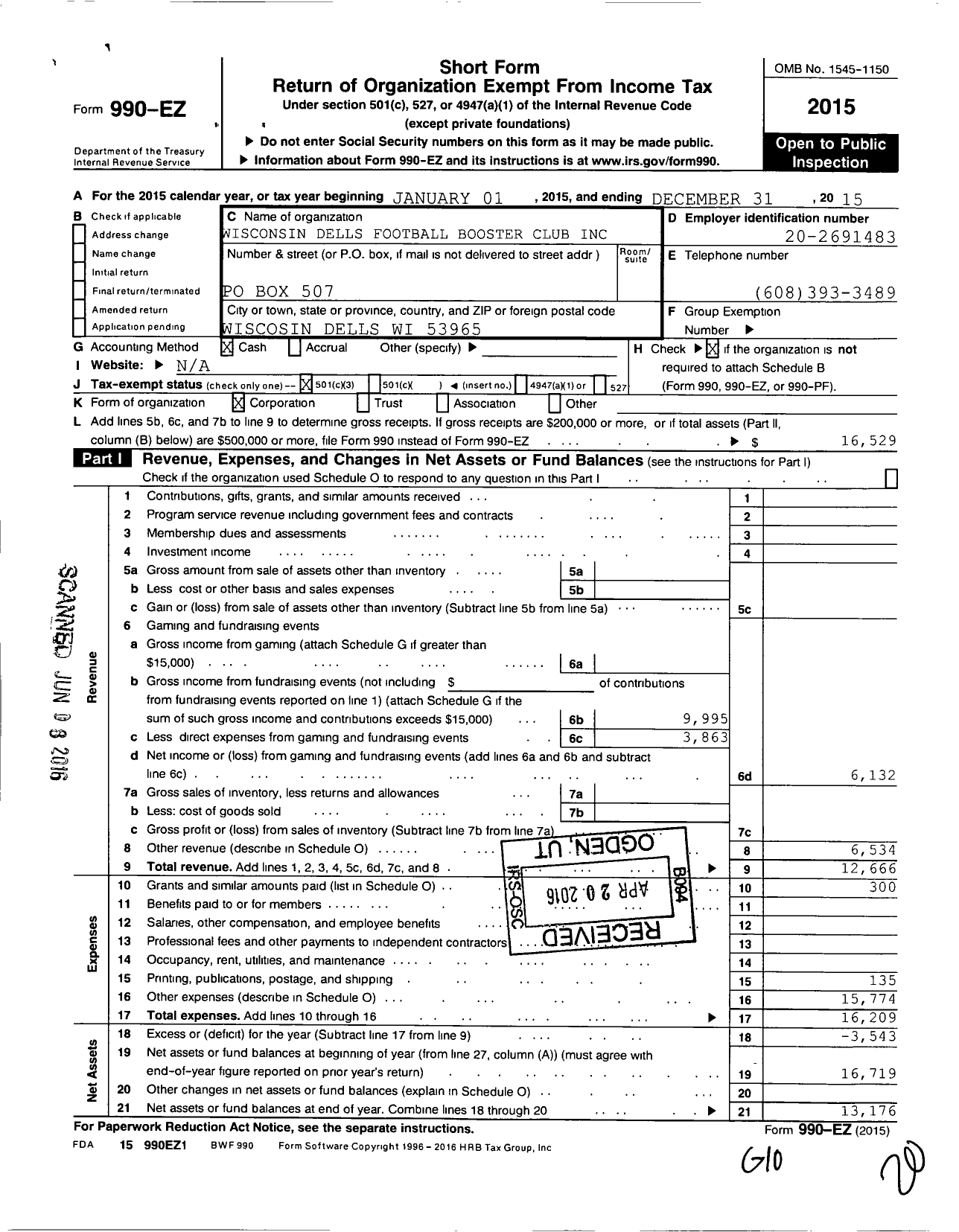 Image of first page of 2015 Form 990EZ for Dells Football Booster Club