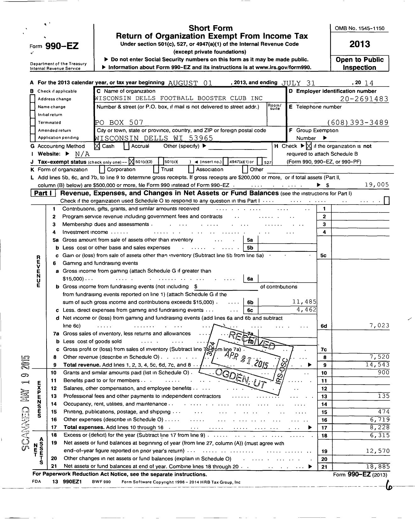 Image of first page of 2013 Form 990EZ for Dells Football Booster Club