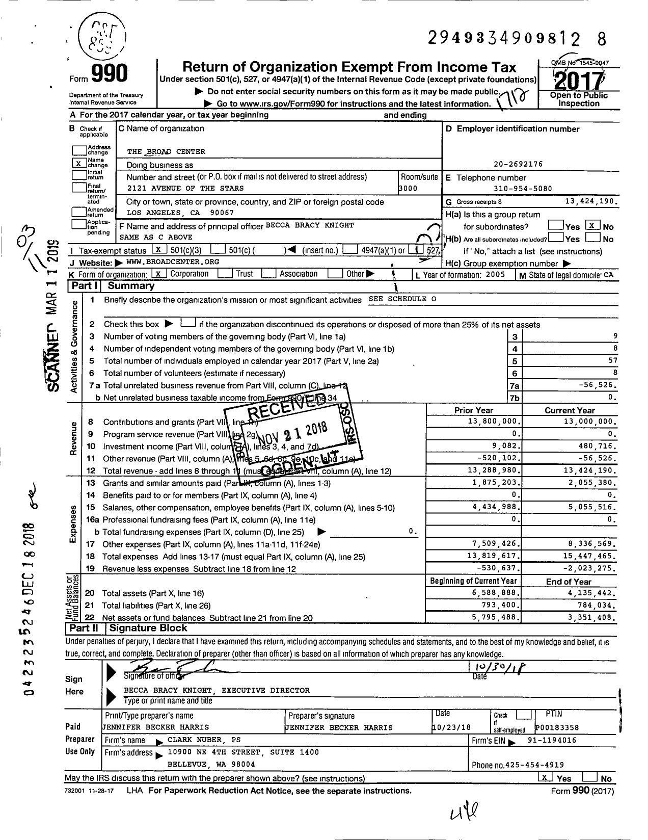 Image of first page of 2017 Form 990 for The Broad Center