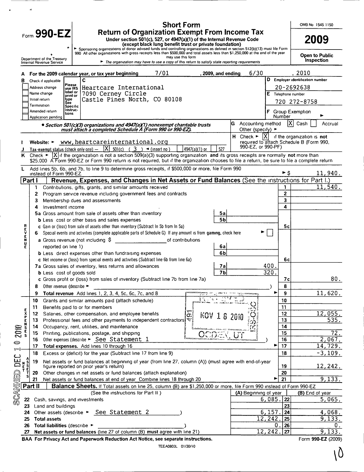 Image of first page of 2009 Form 990EZ for Heartcare International