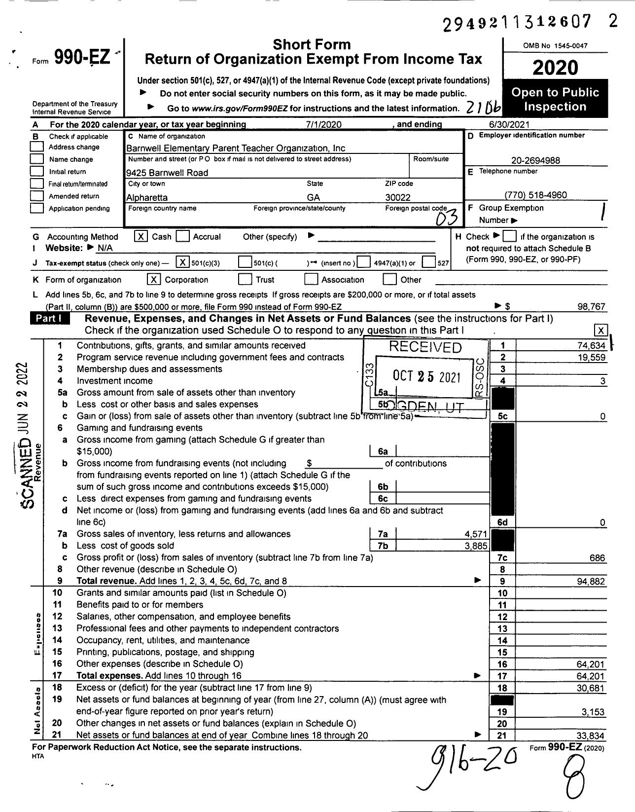 Image of first page of 2020 Form 990EZ for Barnwell Elementary Parent Teacher Organization