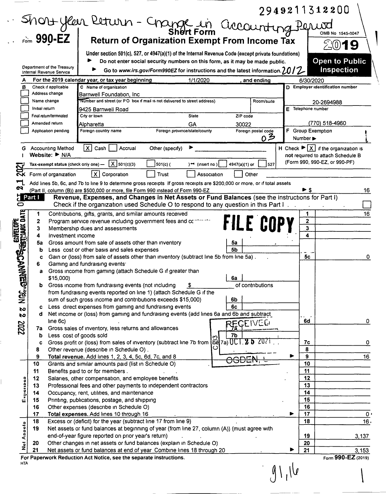 Image of first page of 2020 Form 990EZ for Barnwell Elementary Parent Teacher Organization