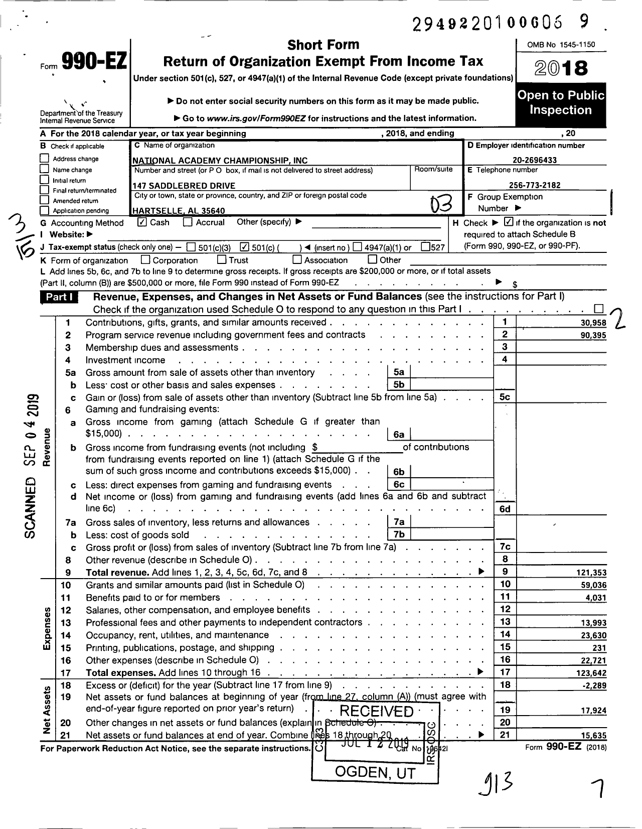 Image of first page of 2018 Form 990EZ for National Academy Championship