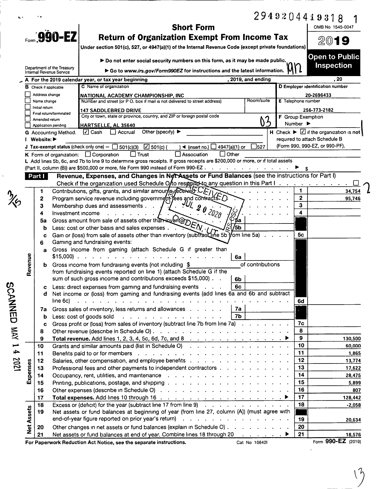 Image of first page of 2019 Form 990EZ for National Academy Championship