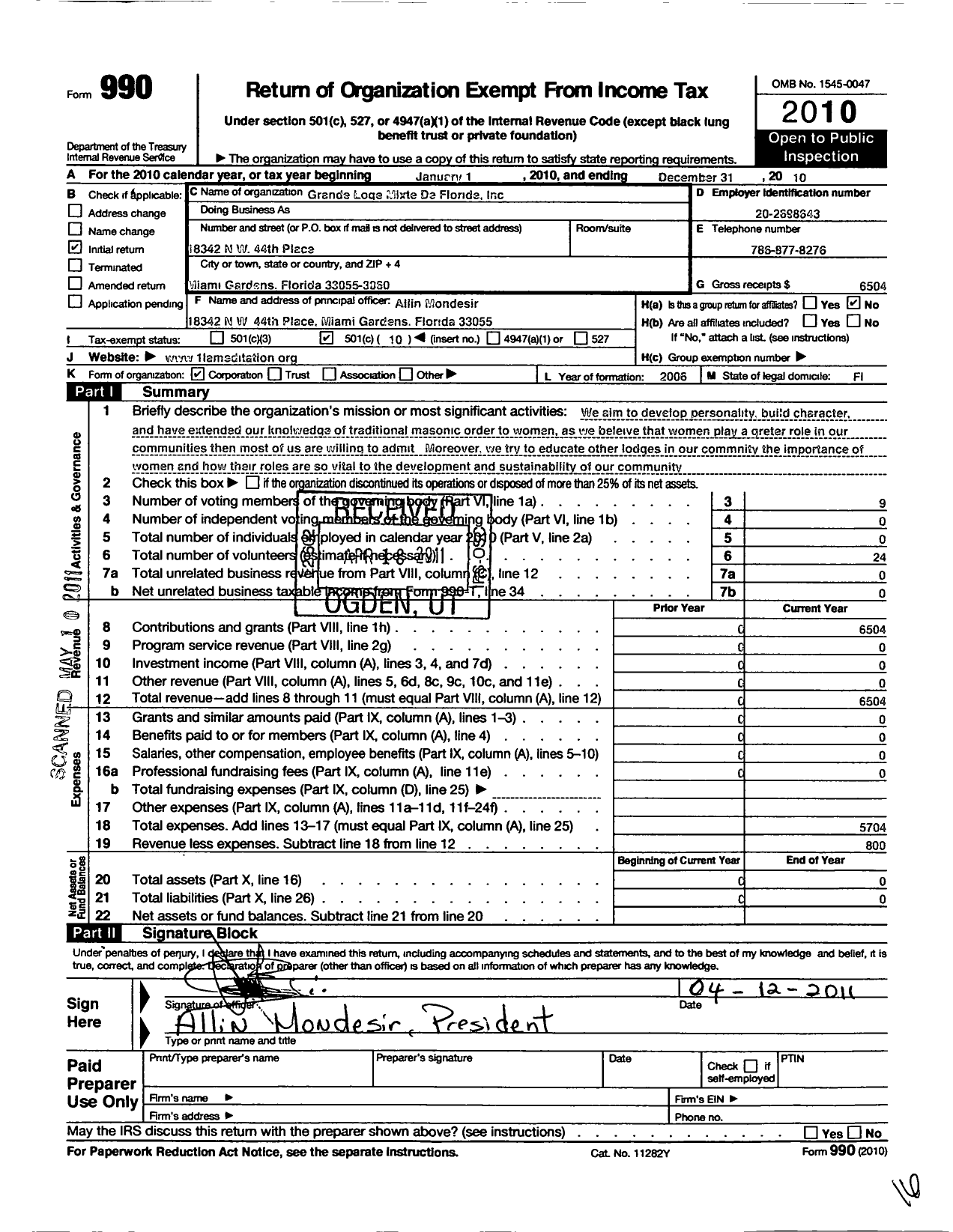 Image of first page of 2010 Form 990O for Grande Loge Mixte de Floride