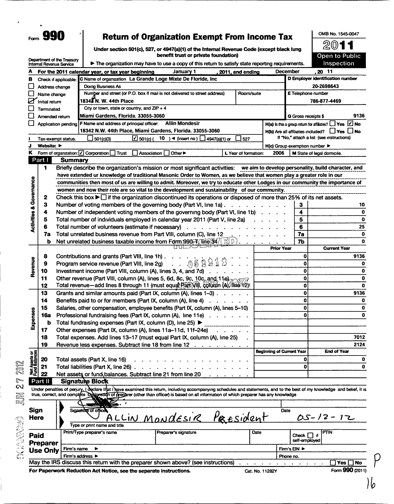 Image of first page of 2011 Form 990O for Grande Loge Mixte de Floride