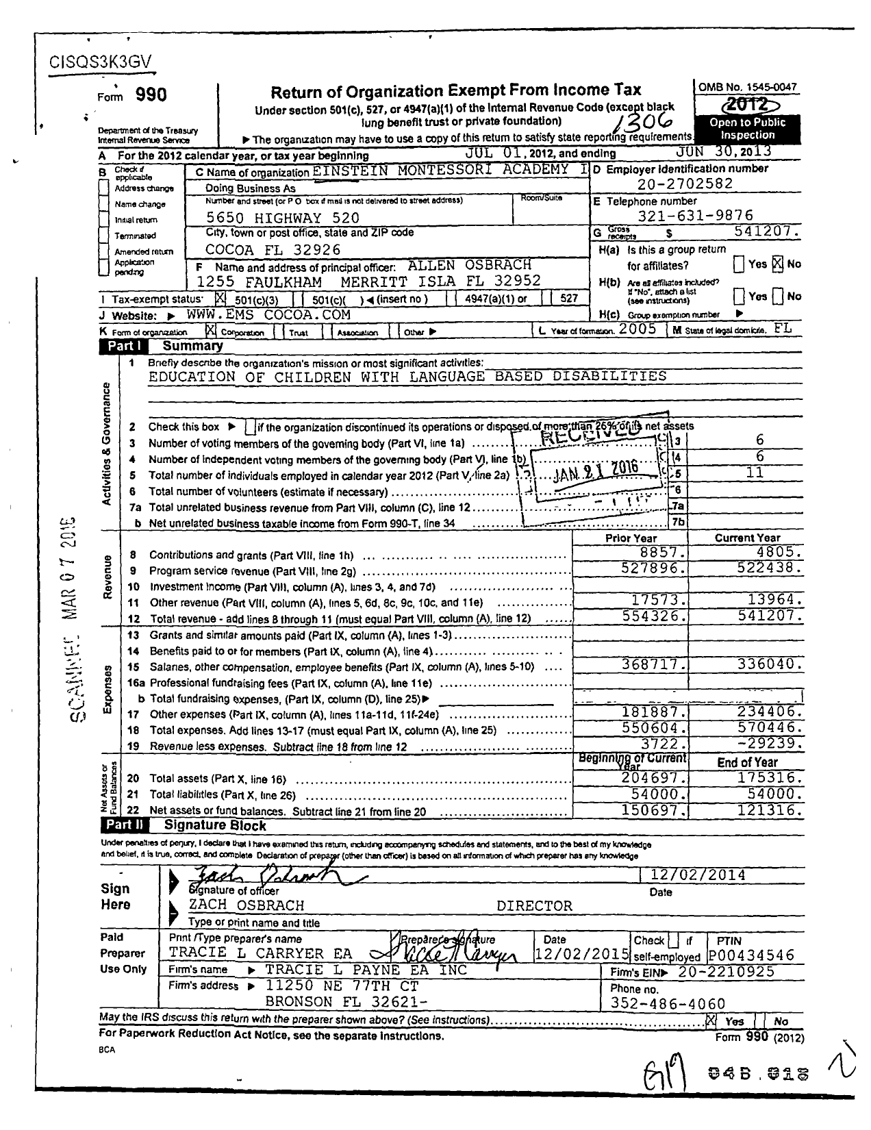 Image of first page of 2012 Form 990 for Einstein Academy / Einstein Montessori Academy Inc