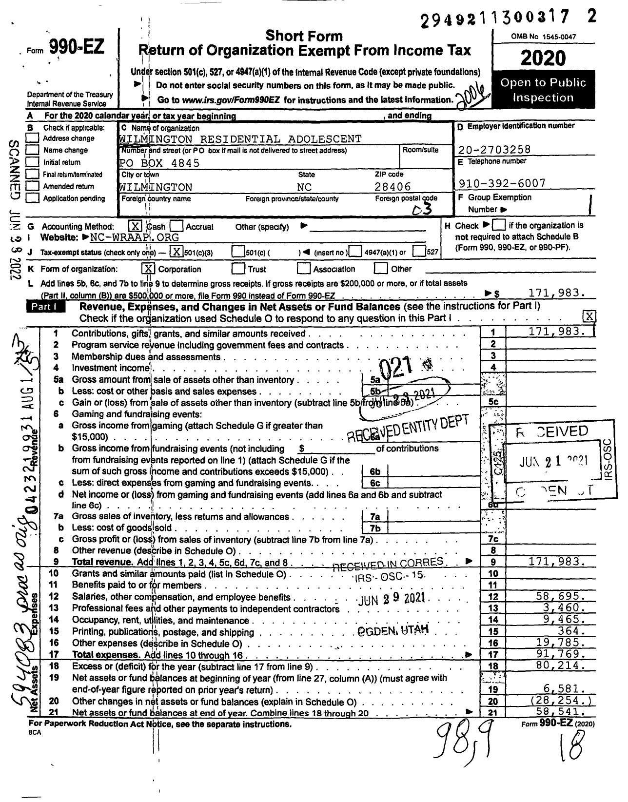 Image of first page of 2019 Form 990EZ for Wilmingtons Residential Adolescent Achievement Place