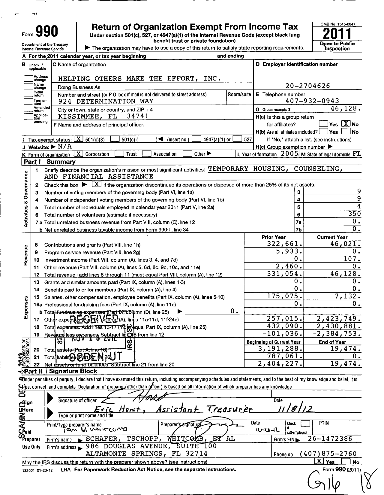 Image of first page of 2011 Form 990 for Helping Others Make the Effort