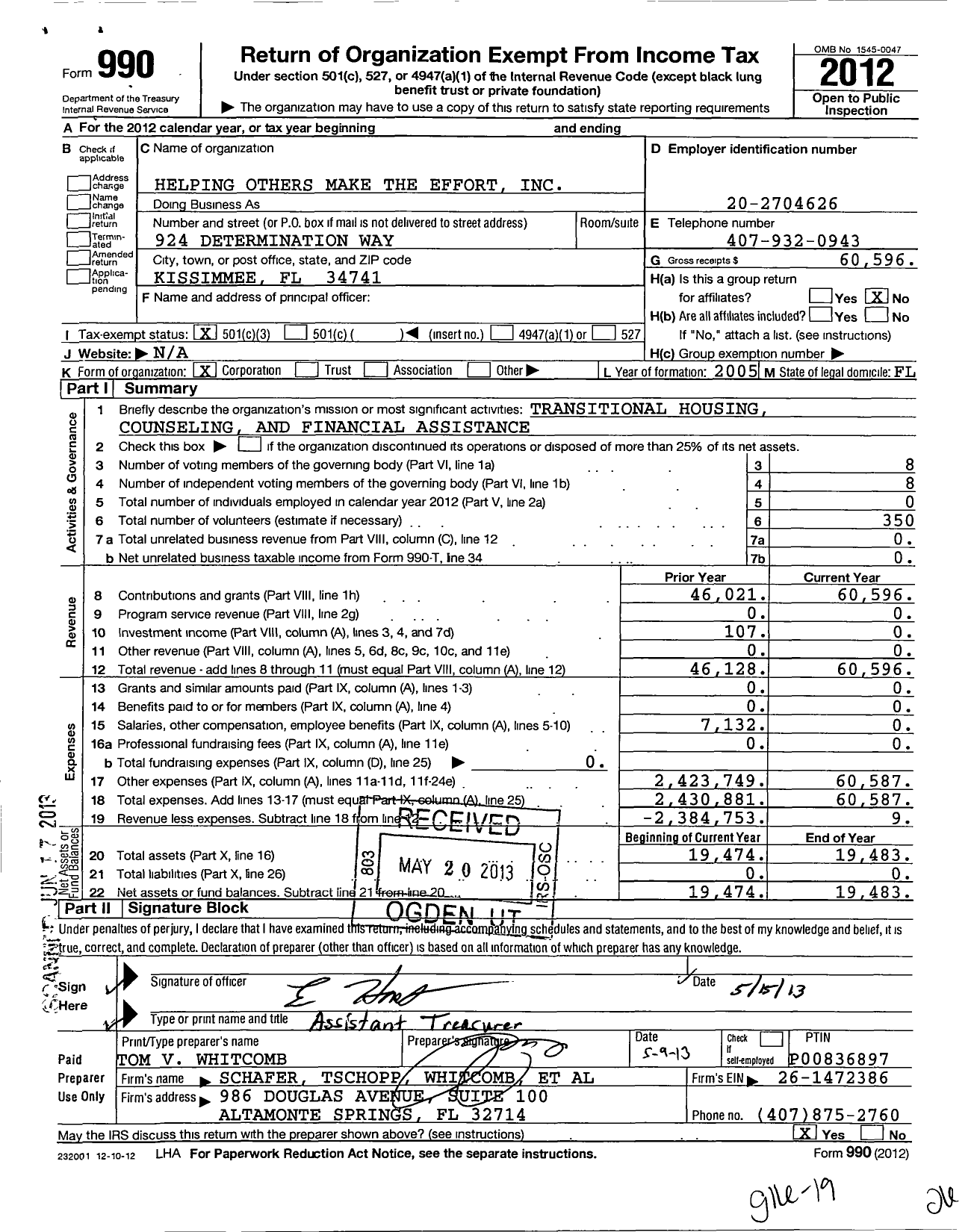 Image of first page of 2012 Form 990 for Helping Others Make the Effort