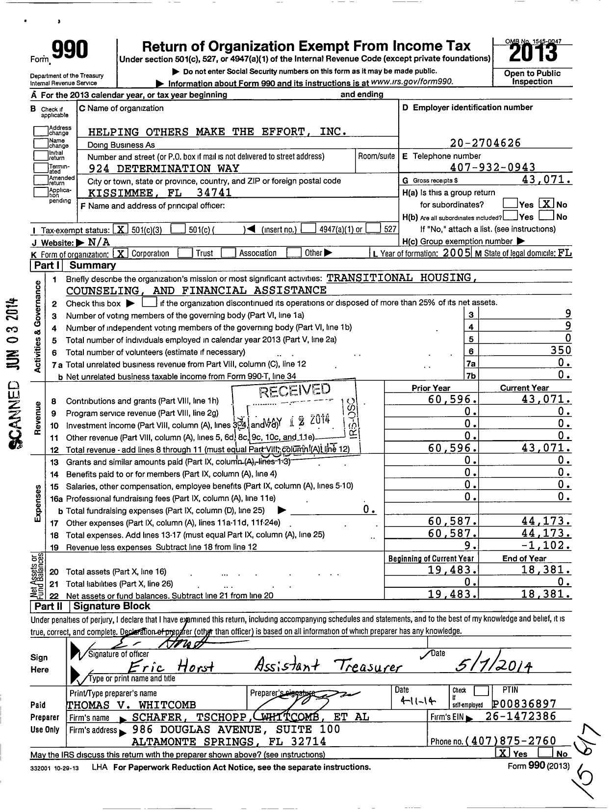 Image of first page of 2013 Form 990 for Helping Others Make the Effort