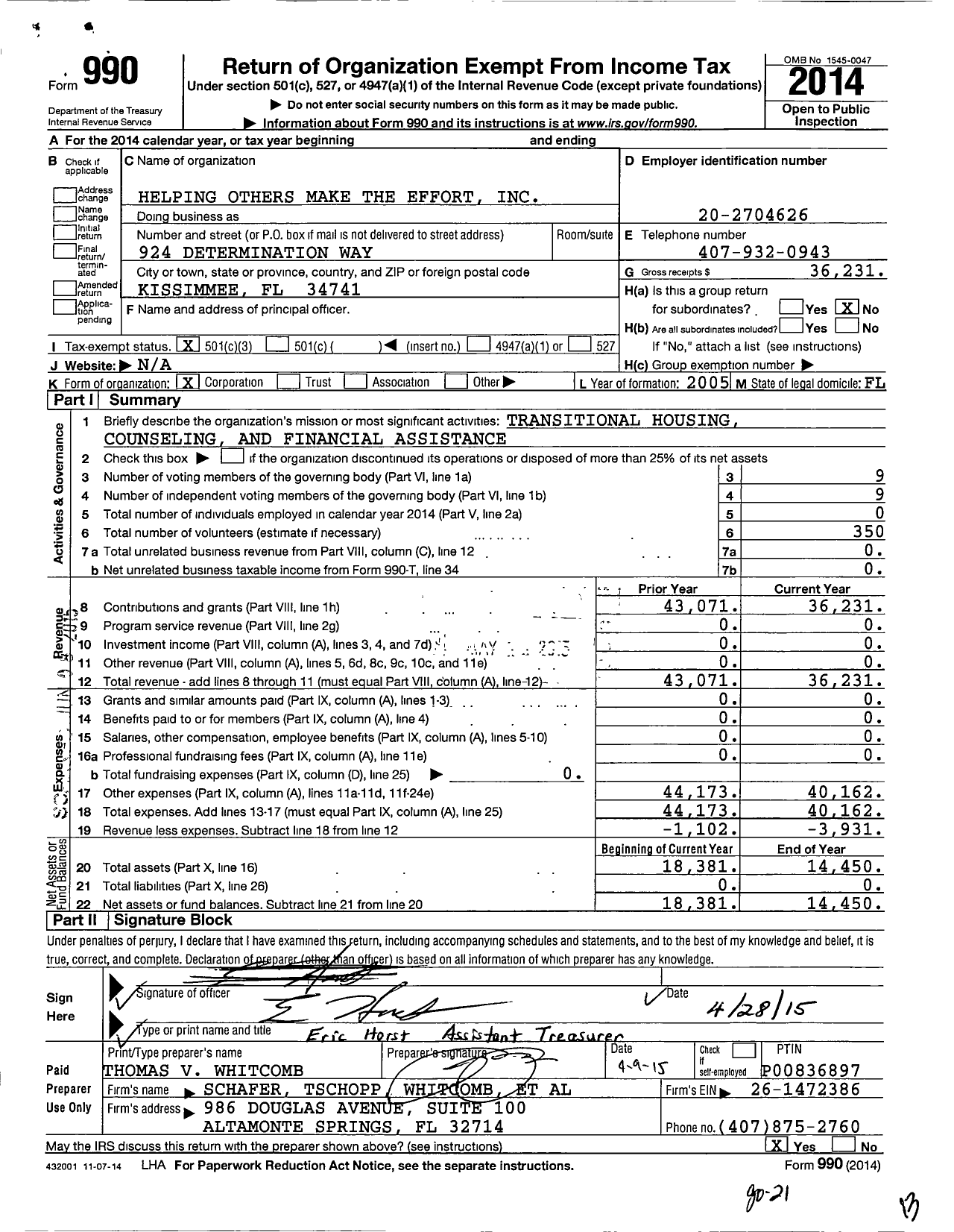 Image of first page of 2014 Form 990 for Helping Others Make the Effort