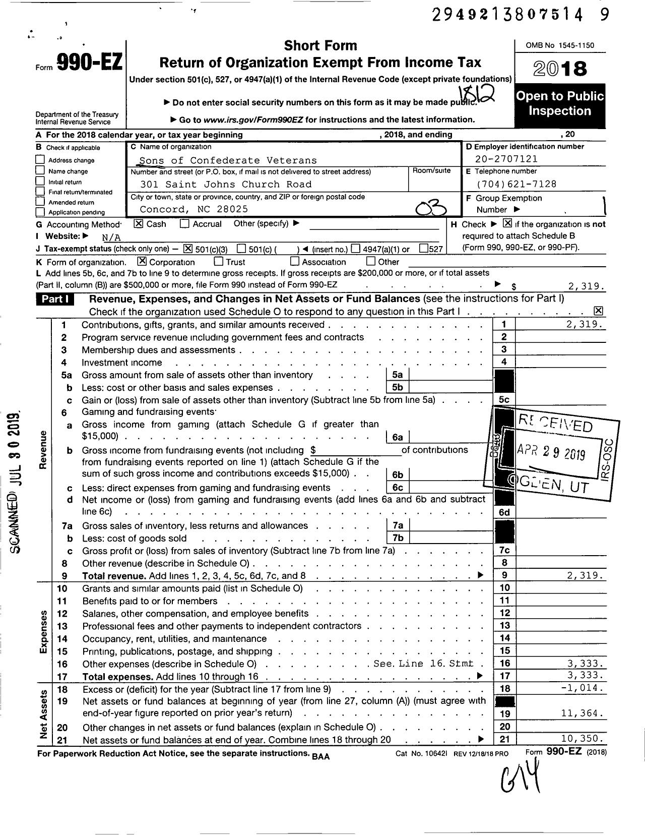 Image of first page of 2018 Form 990EZ for Sons of Confederate Veterans - 888 Captain Jonas Cook Camp