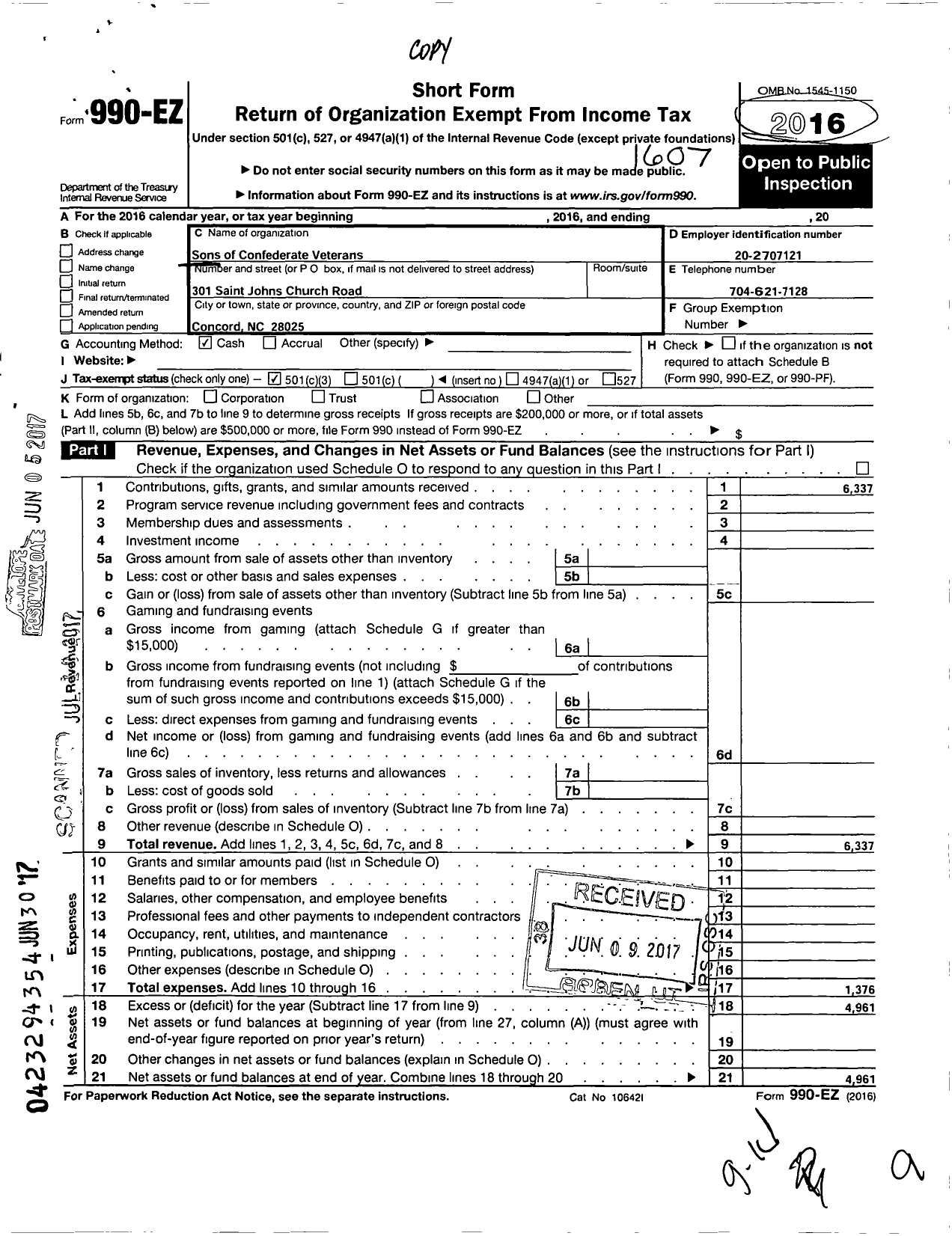 Image of first page of 2015 Form 990EZ for Sons of Confederate Veterans - 888 Captain Jonas Cook Camp