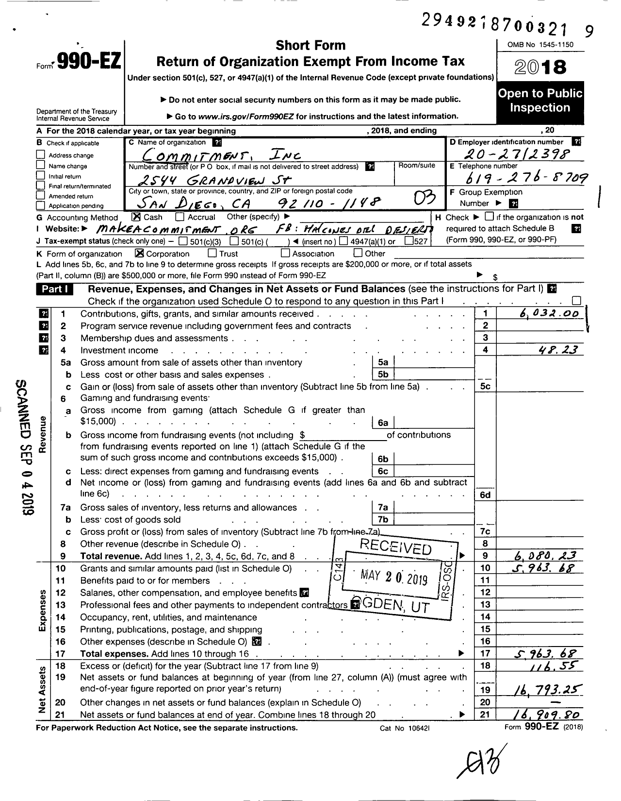 Image of first page of 2018 Form 990EZ for Commitment