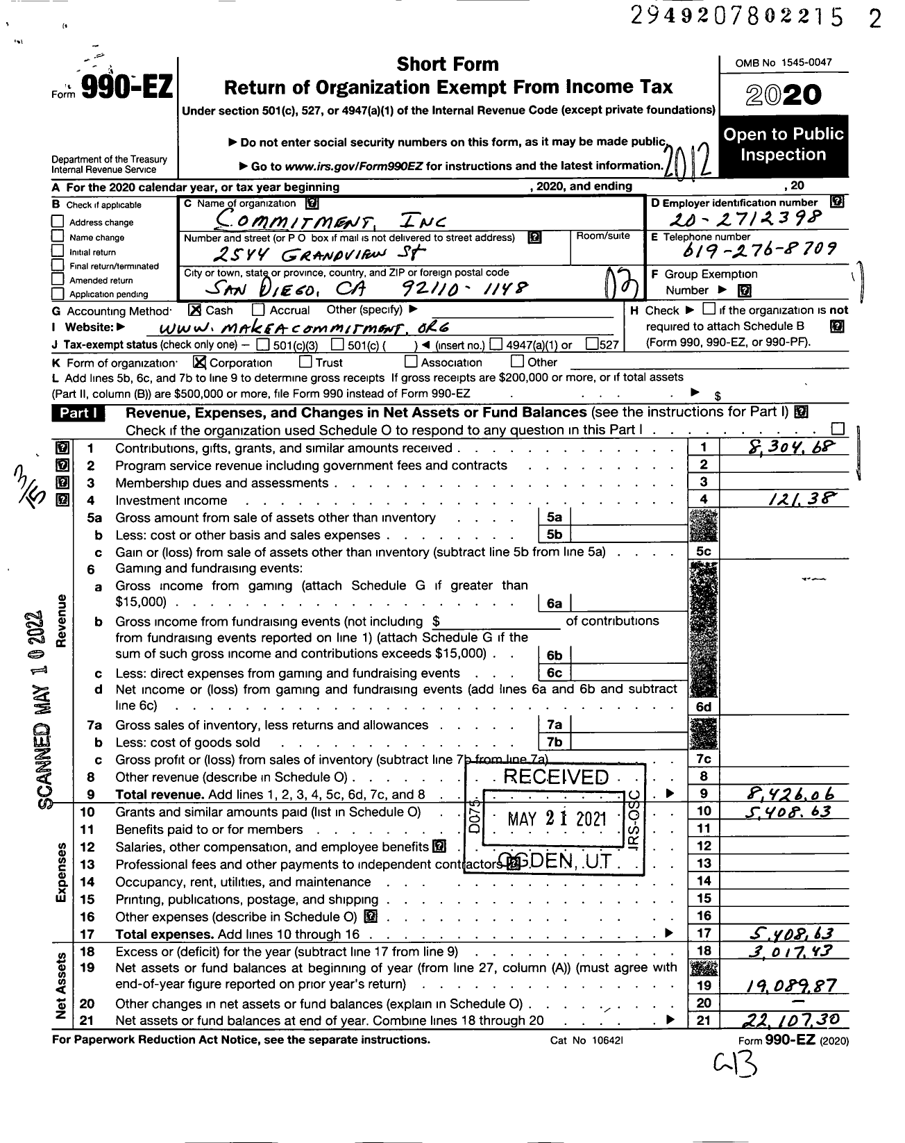 Image of first page of 2020 Form 990EZ for Commitment