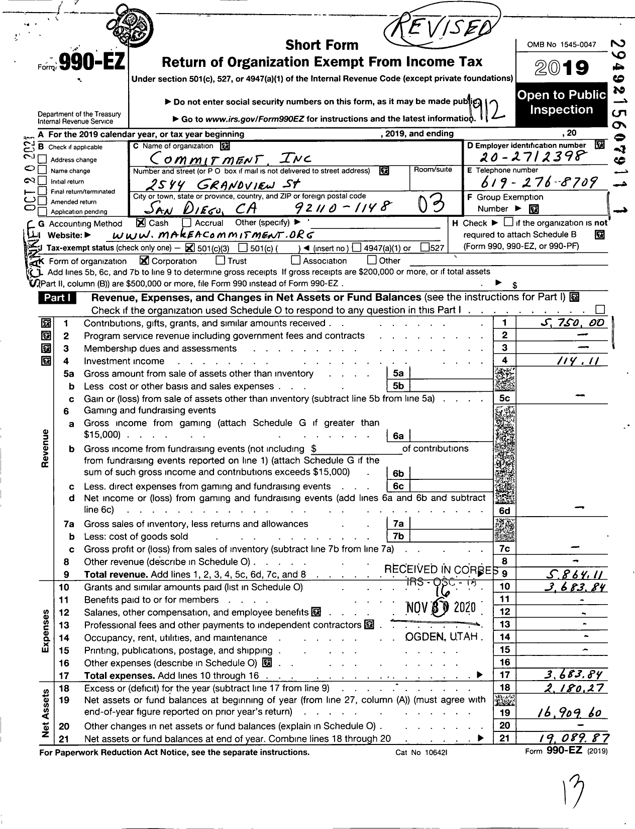 Image of first page of 2019 Form 990EZ for Commitment