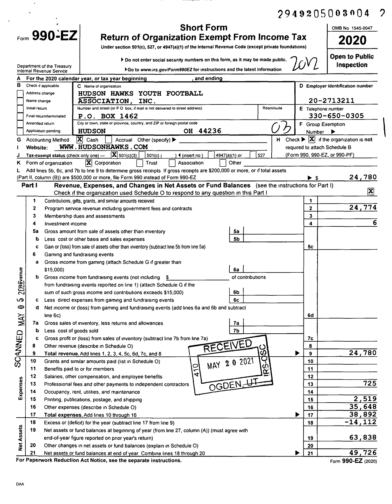 Image of first page of 2020 Form 990EZ for Hudson Hawks Youth Football Association