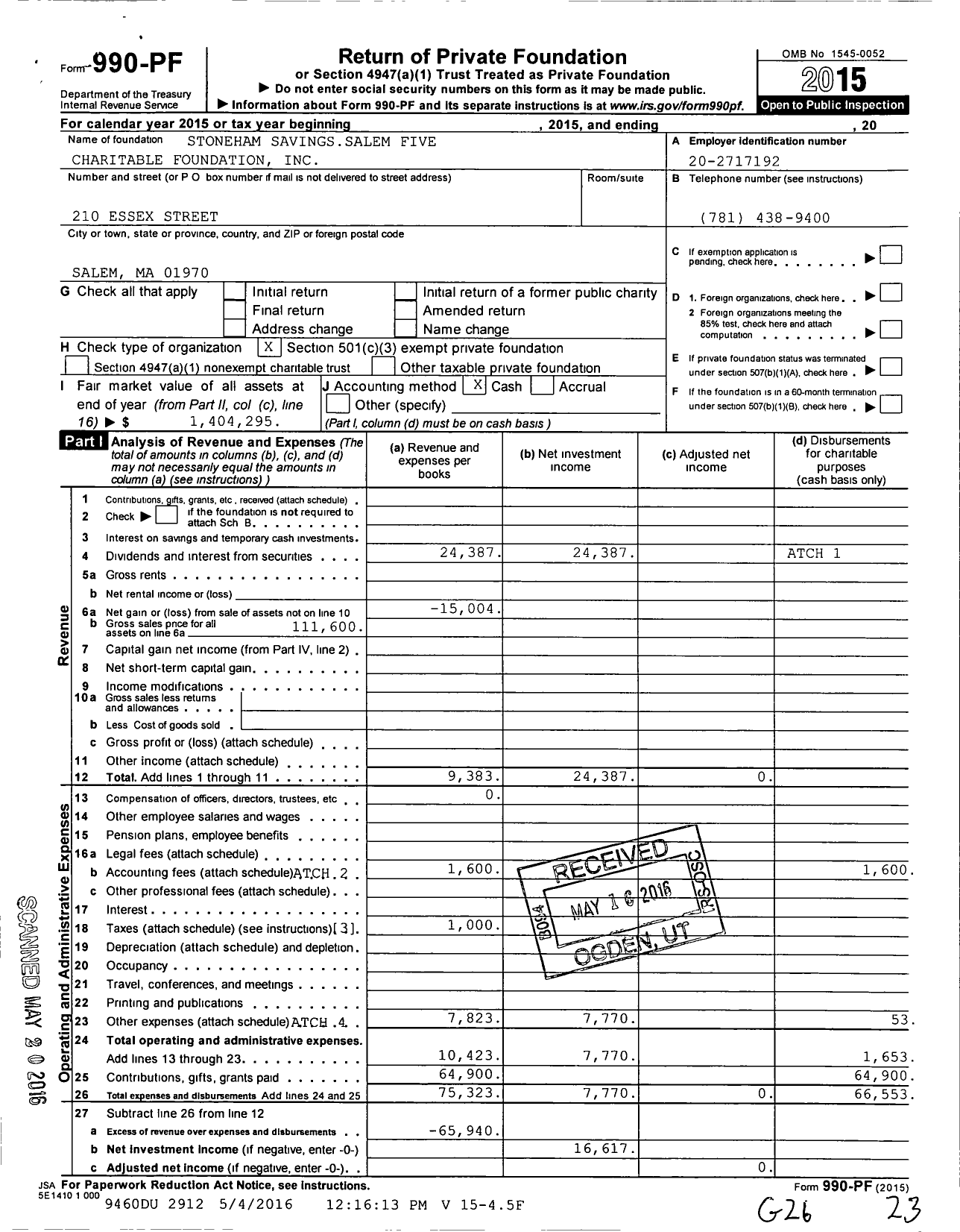 Image of first page of 2015 Form 990PF for Stoneham Savingssalem Five Charitable Foundation