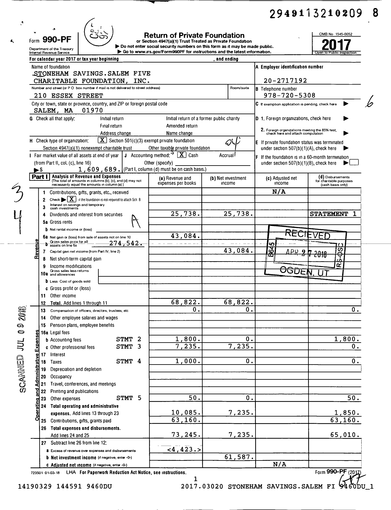 Image of first page of 2017 Form 990PF for Stoneham Savingssalem Five Charitable Foundation