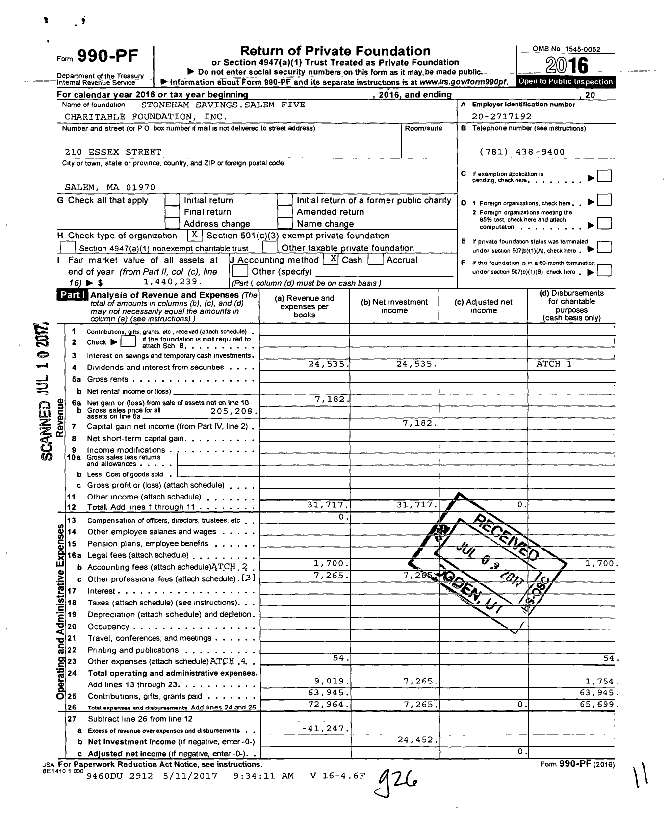 Image of first page of 2016 Form 990PF for Stoneham Savingssalem Five Charitable Foundation