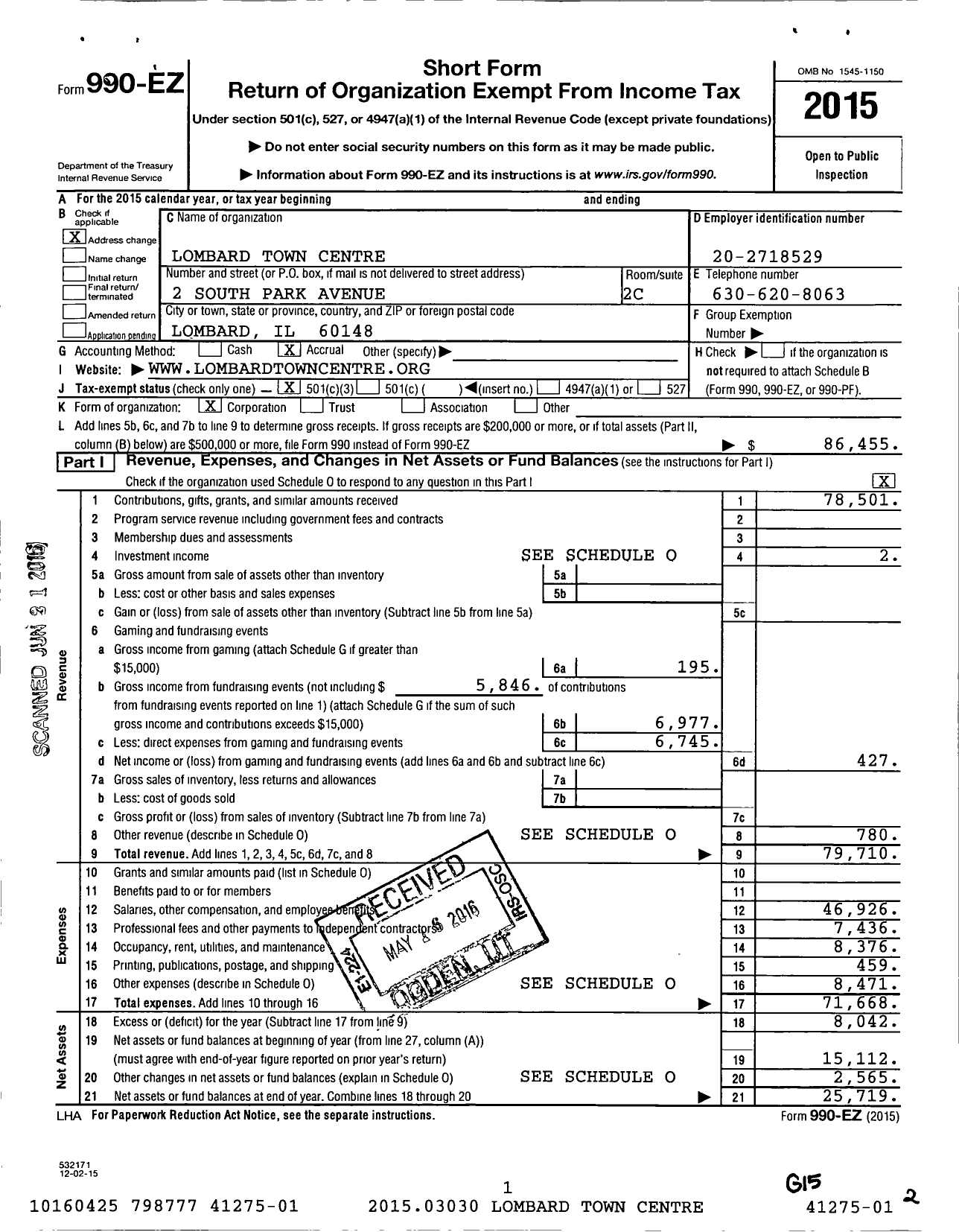 Image of first page of 2015 Form 990EZ for Lombard Town Center