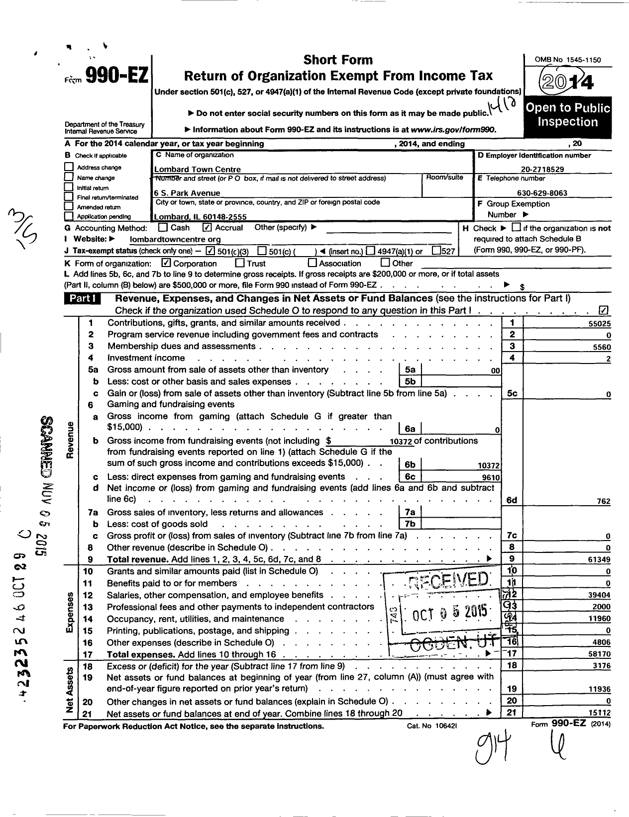 Image of first page of 2014 Form 990EZ for Lombard Town Center