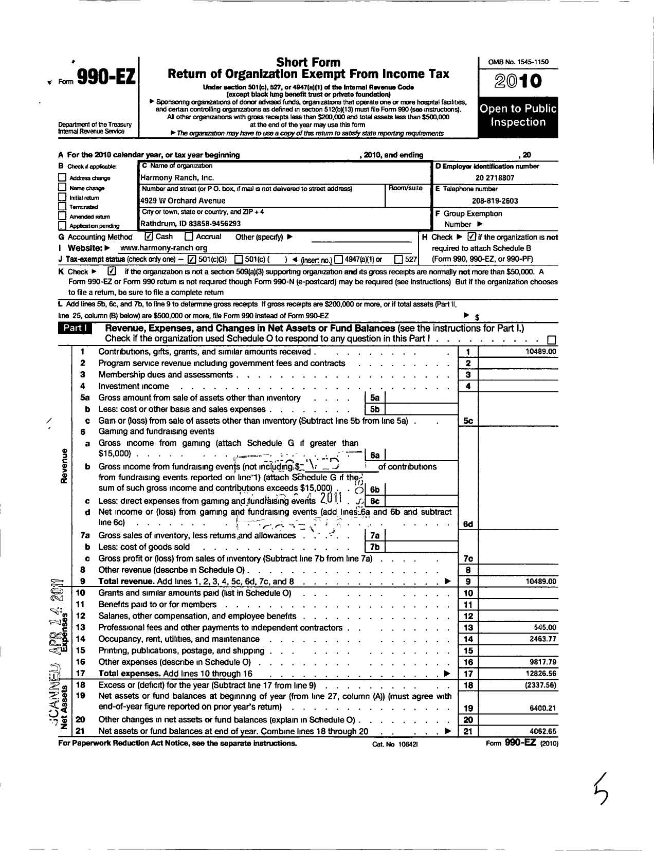 Image of first page of 2010 Form 990EZ for Harmony Ranch