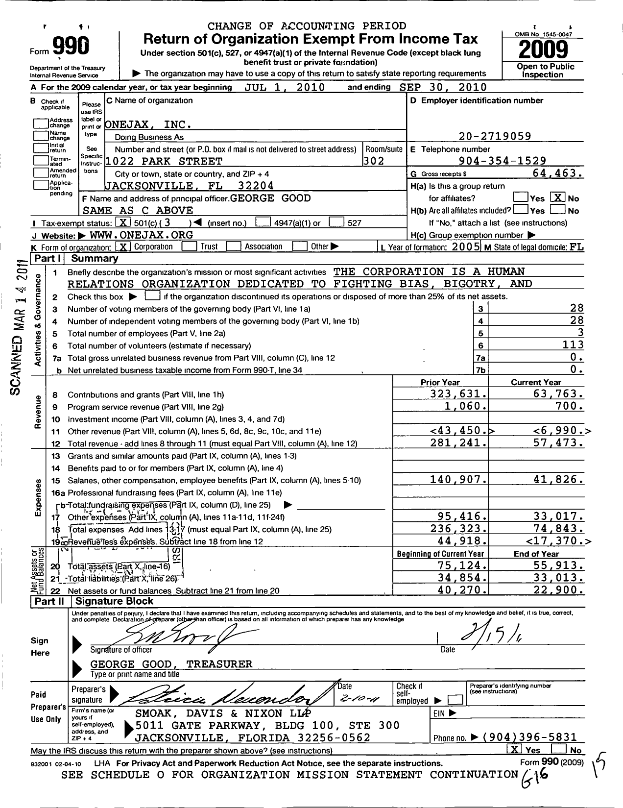 Image of first page of 2009 Form 990 for Onejax