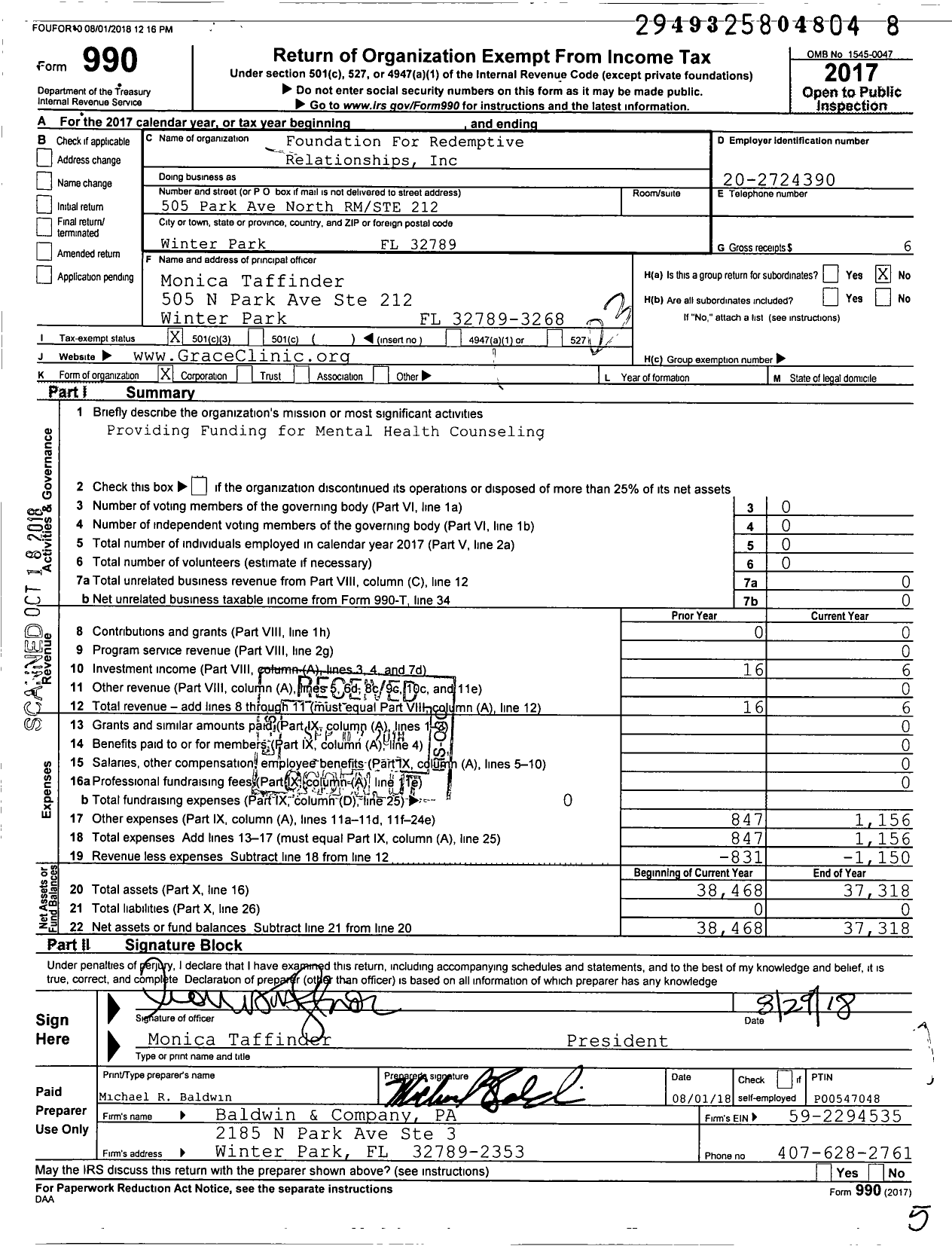 Image of first page of 2017 Form 990 for Foundation for Redemptive Relationships