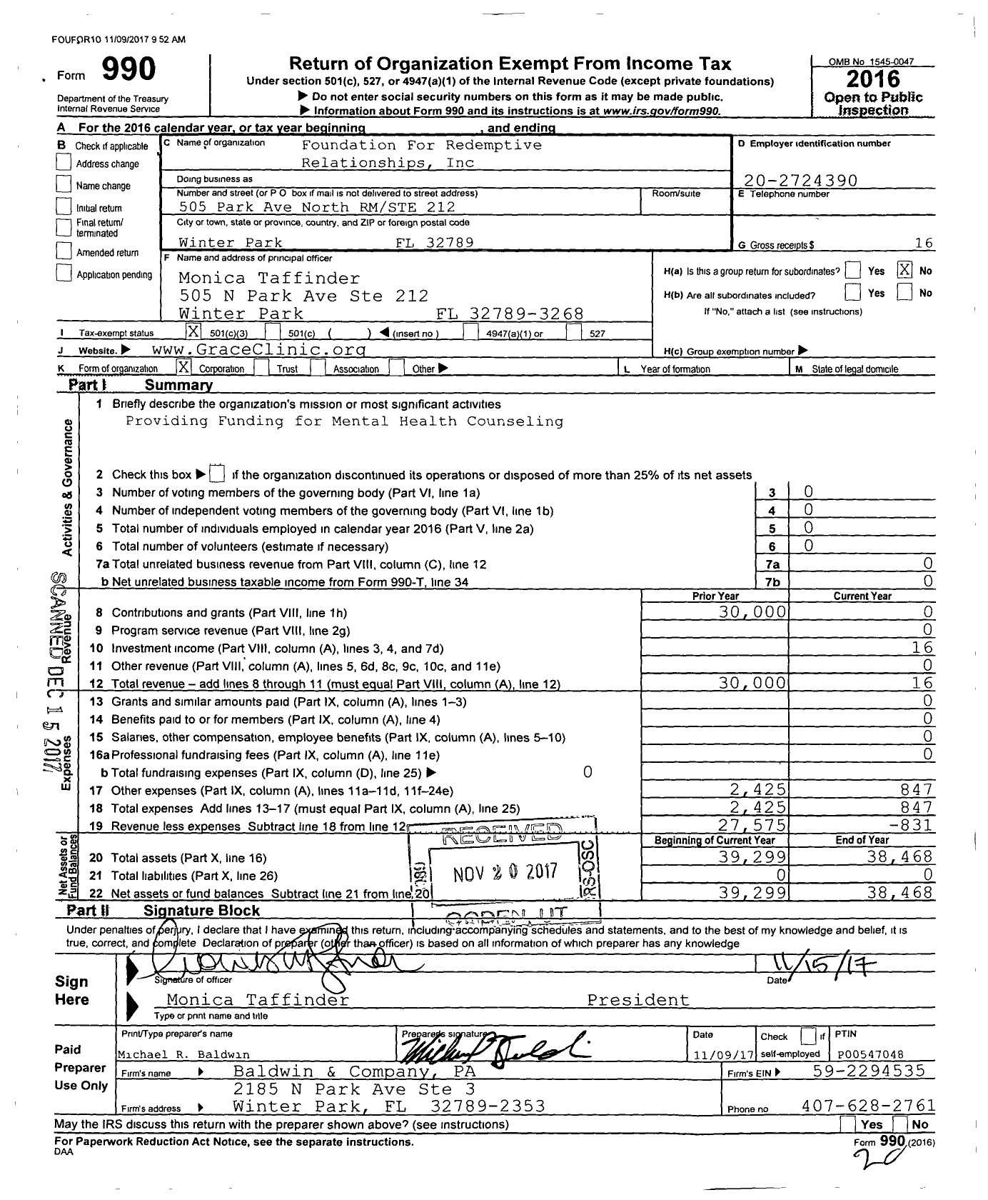 Image of first page of 2016 Form 990 for Foundation for Redemptive Relationships