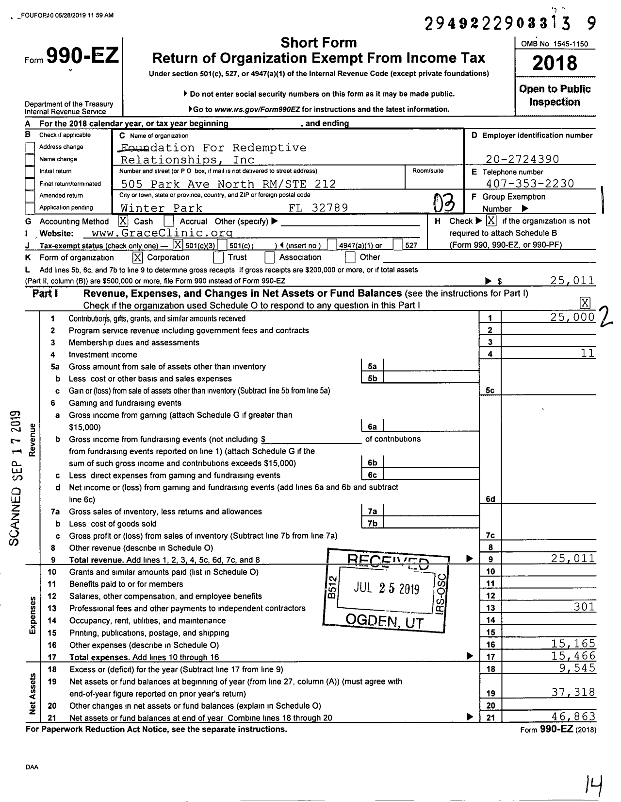 Image of first page of 2018 Form 990EZ for Foundation for Redemptive Relationships