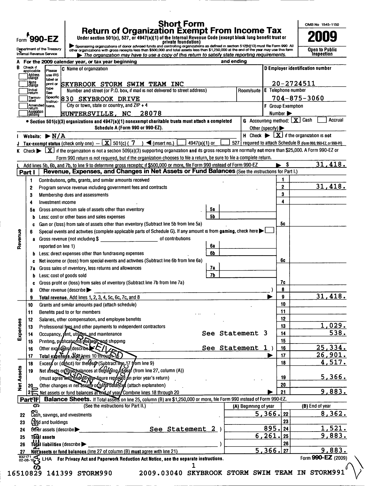 Image of first page of 2009 Form 990EO for Skybrook Storm Swim Team