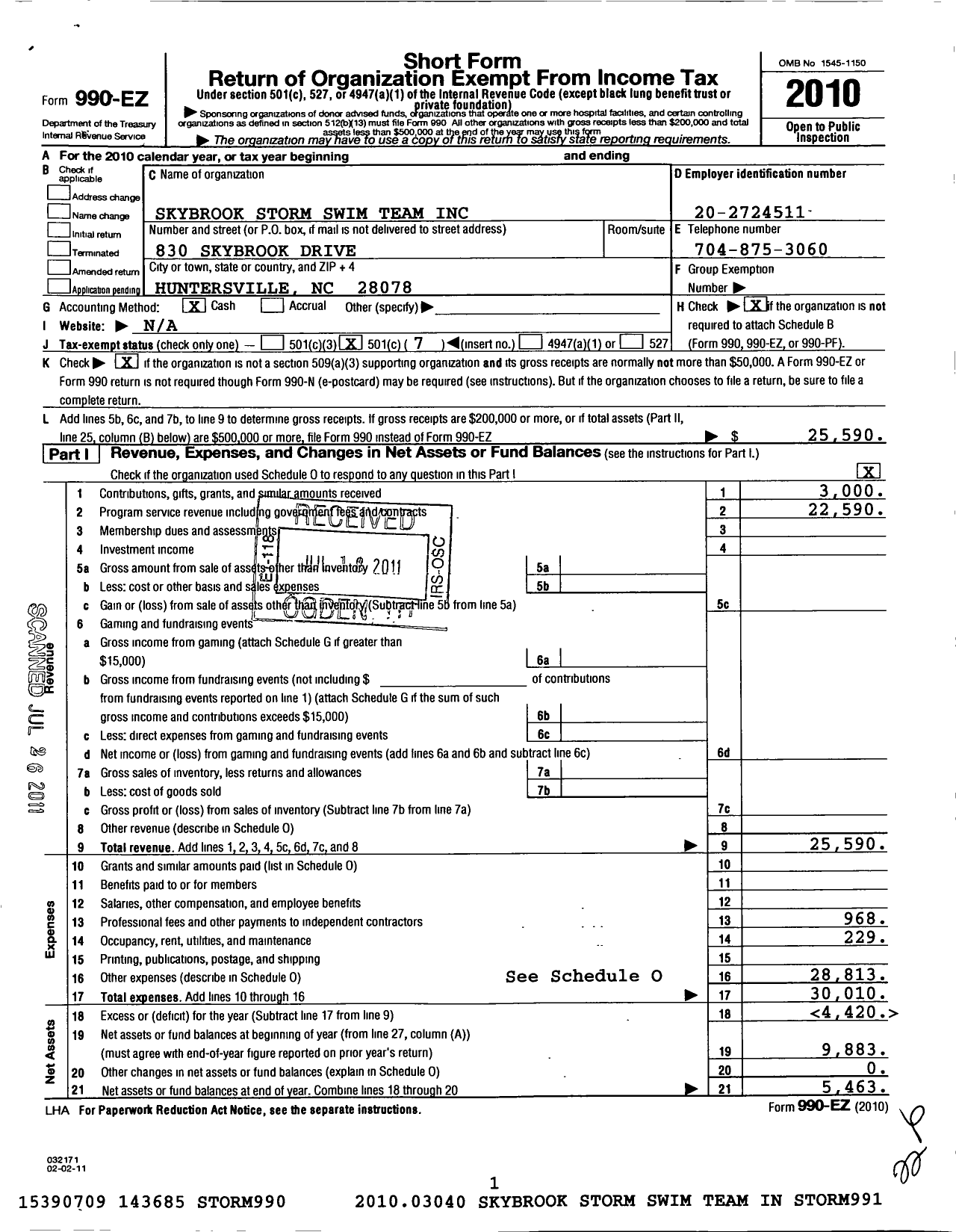 Image of first page of 2010 Form 990EO for Skybrook Storm Swim Team