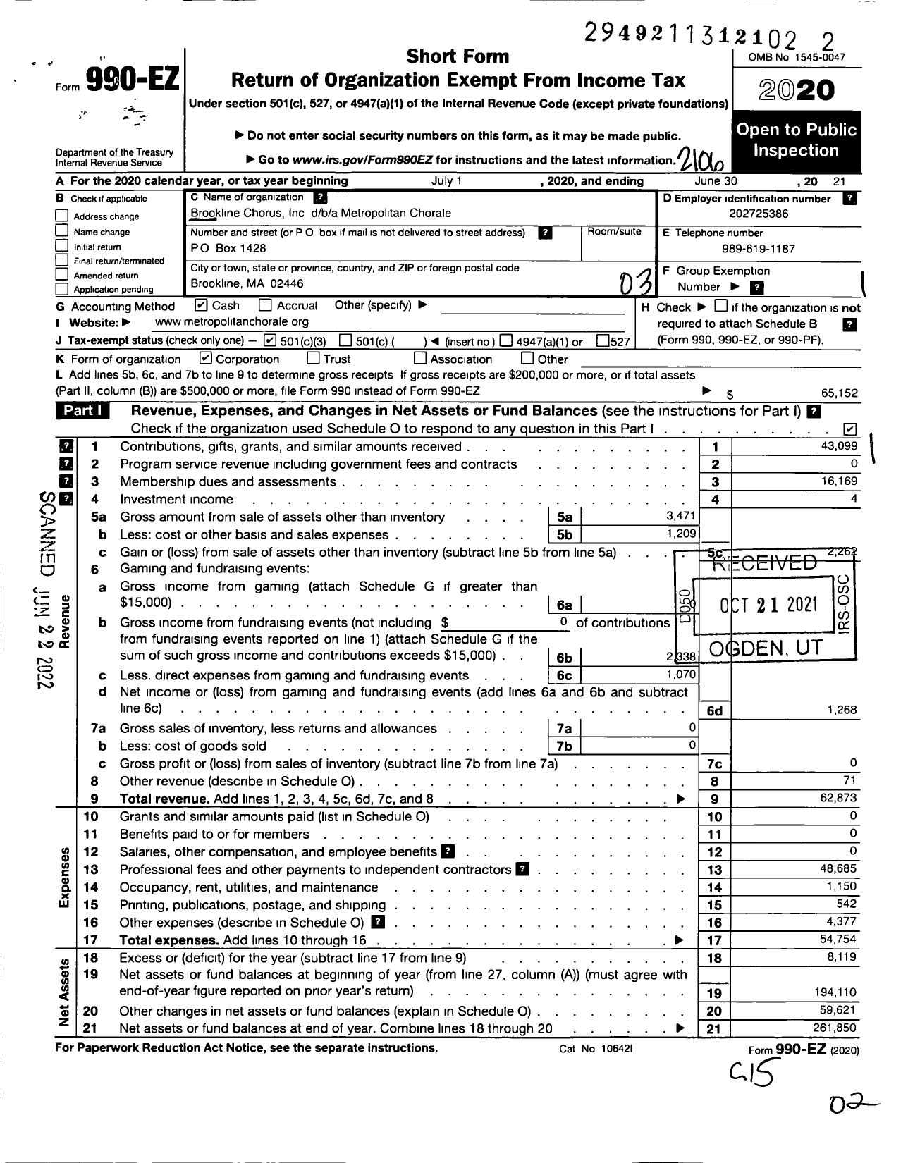 Image of first page of 2020 Form 990EZ for Brookline Chorus