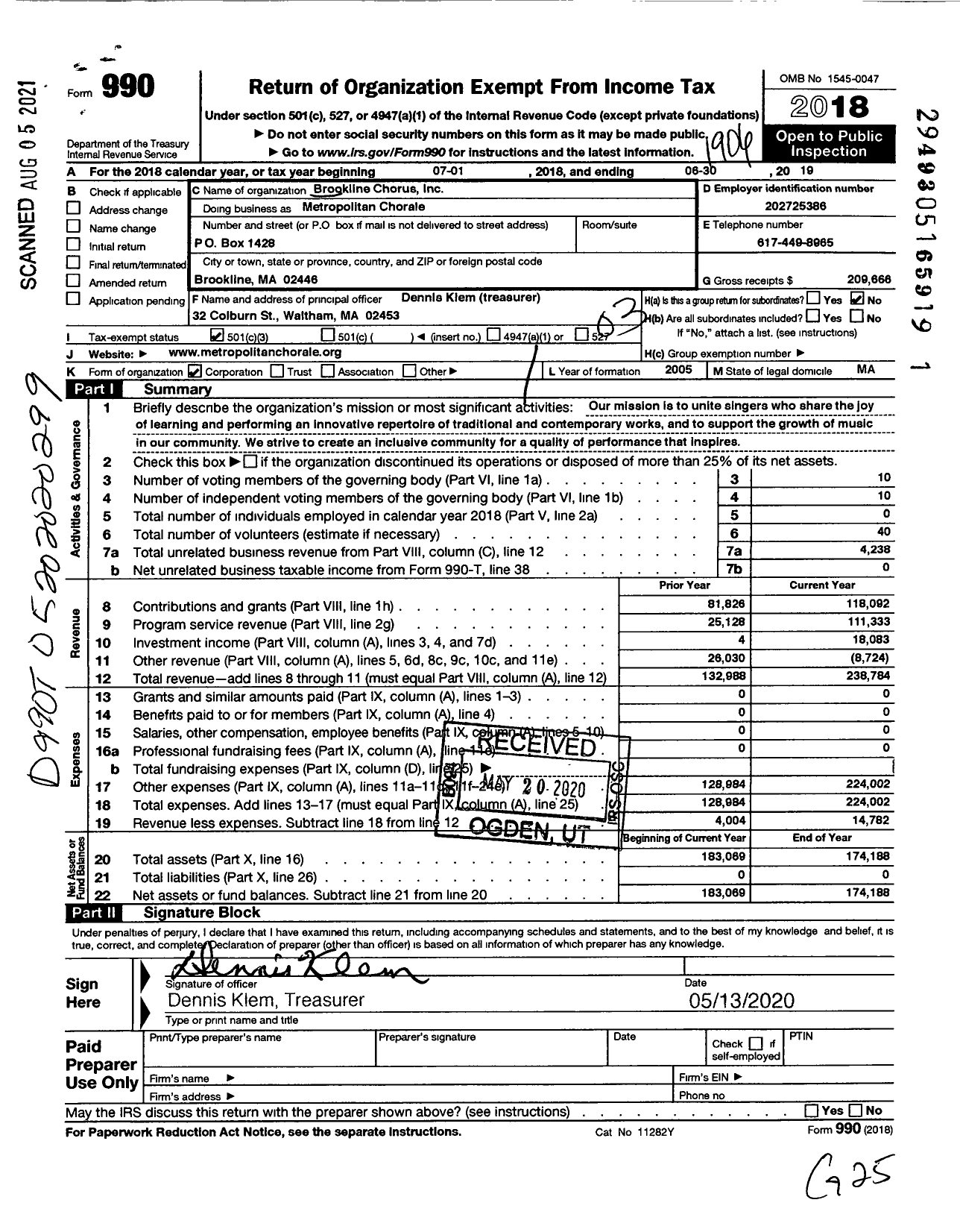 Image of first page of 2018 Form 990 for Brookline Chorus