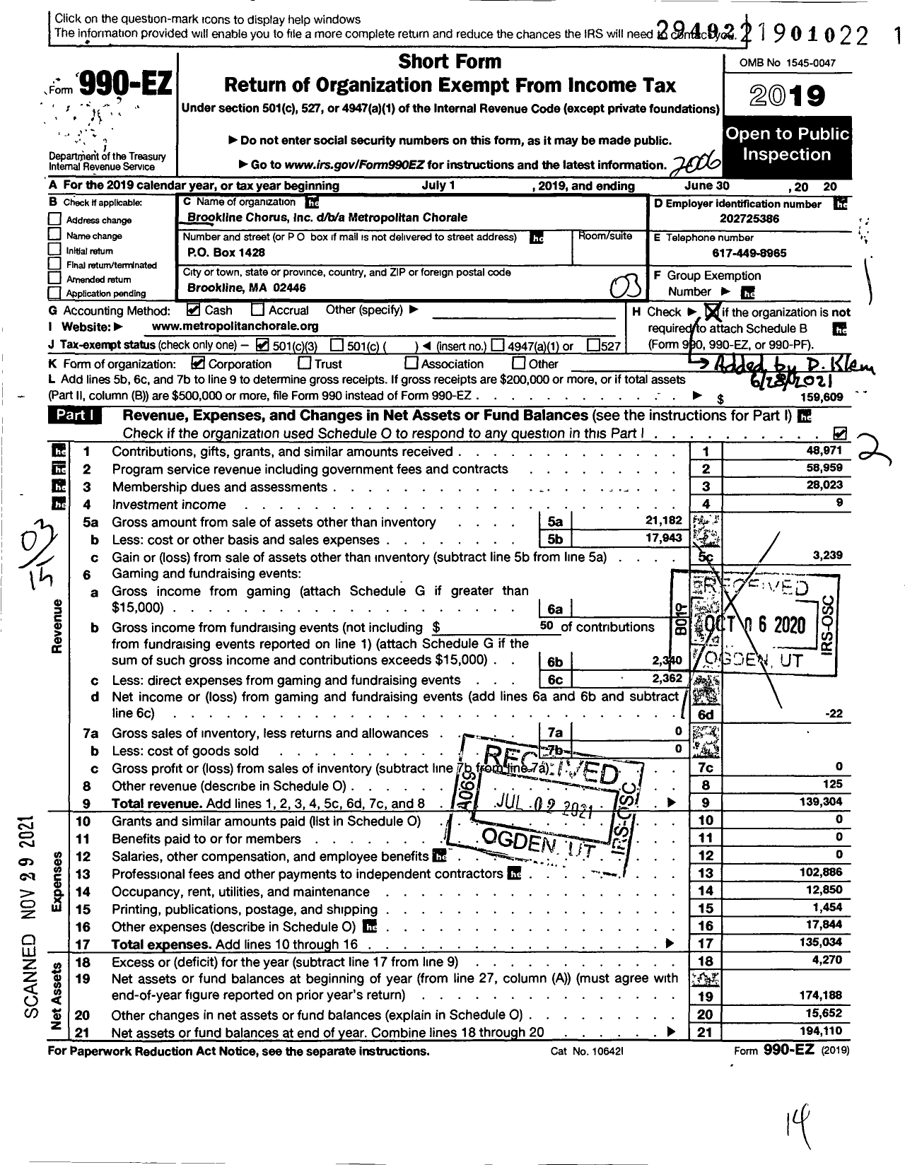 Image of first page of 2019 Form 990EZ for Brookline Chorus