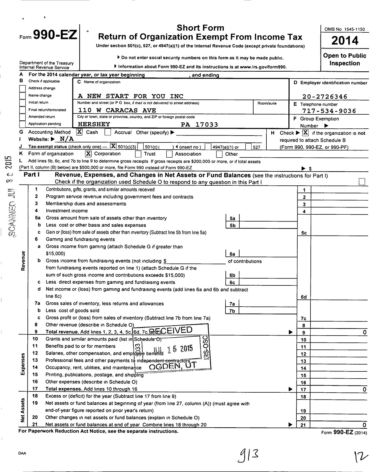Image of first page of 2014 Form 990EZ for A New Start for You