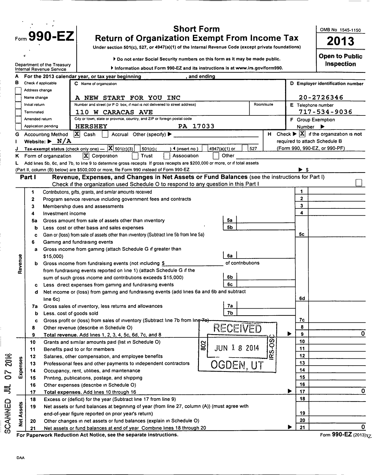 Image of first page of 2013 Form 990EZ for A New Start for You