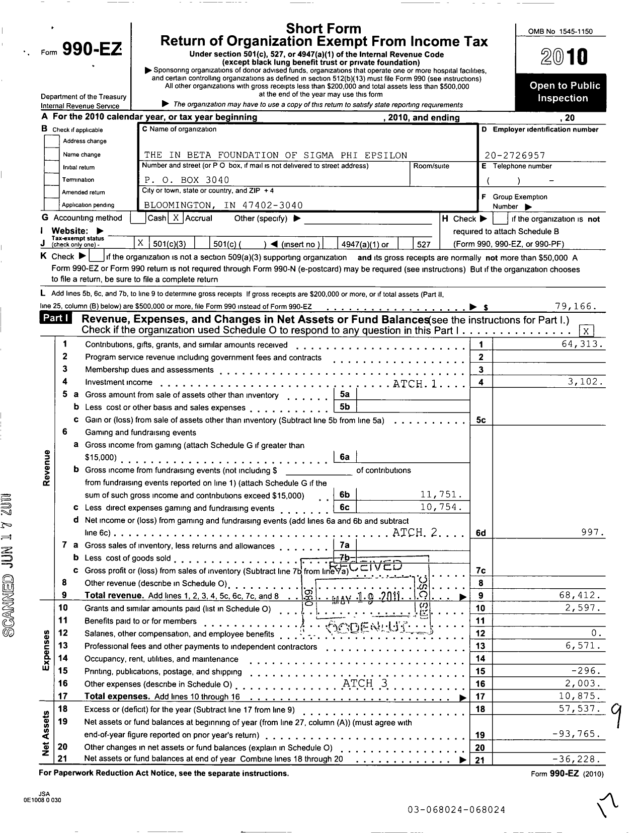 Image of first page of 2010 Form 990EZ for Indiana Beta Foundation of Sigma Phi Epsilon