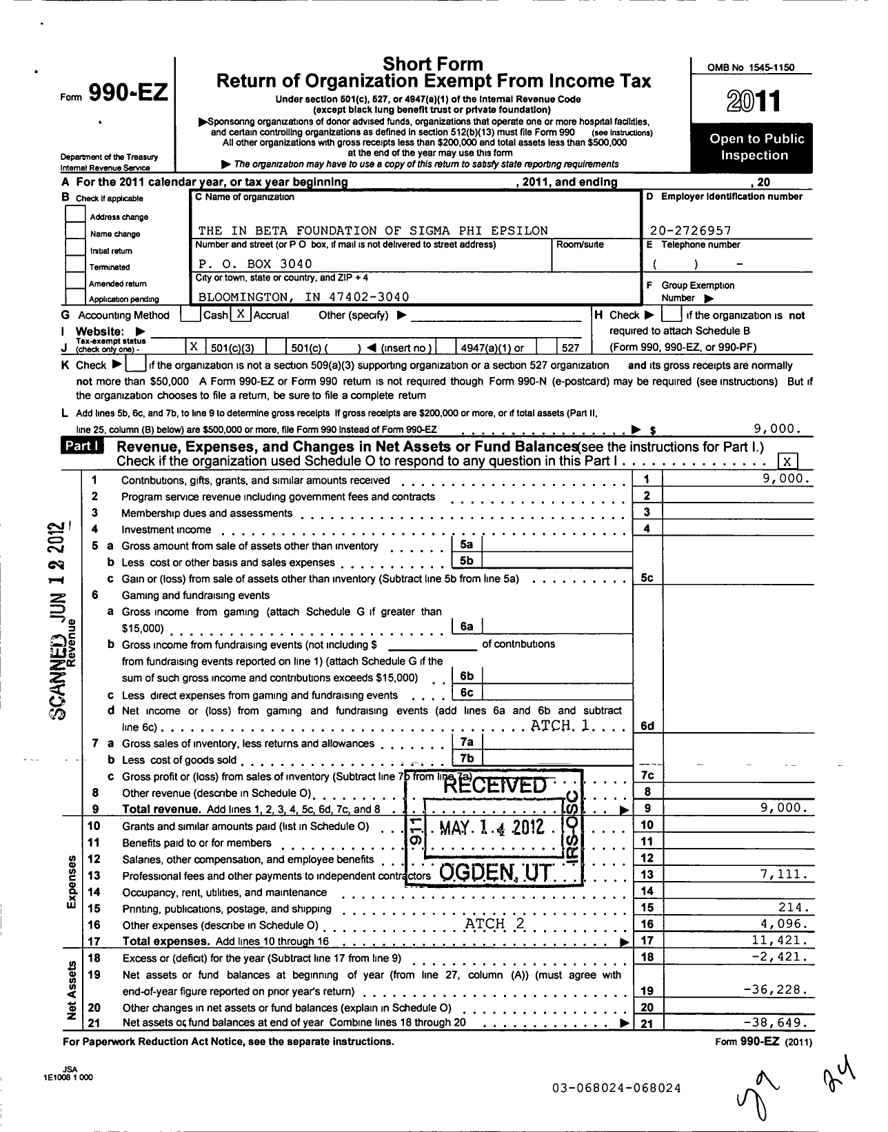 Image of first page of 2011 Form 990EZ for Indiana Beta Foundation of Sigma Phi Epsilon