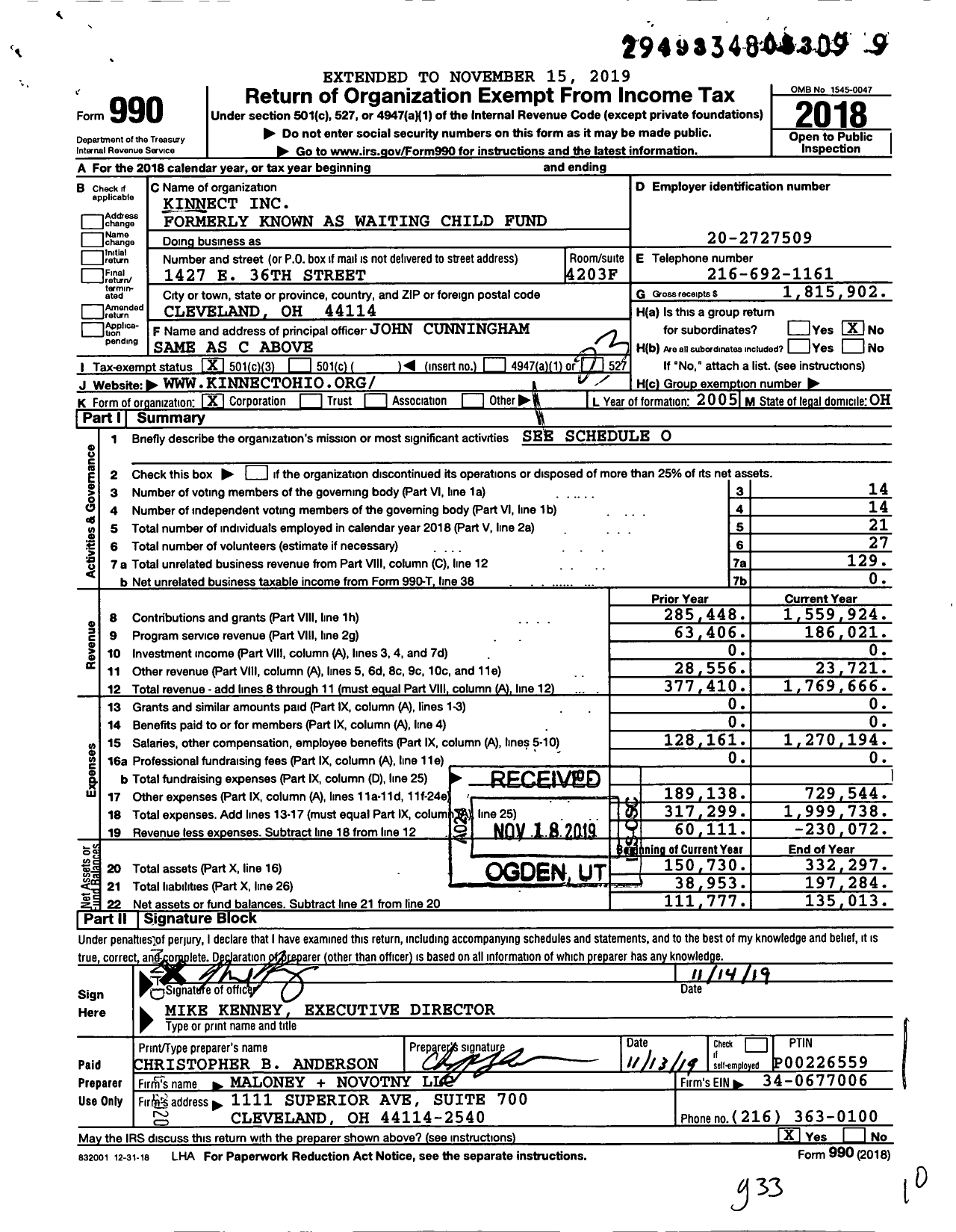 Image of first page of 2018 Form 990 for Kinnect