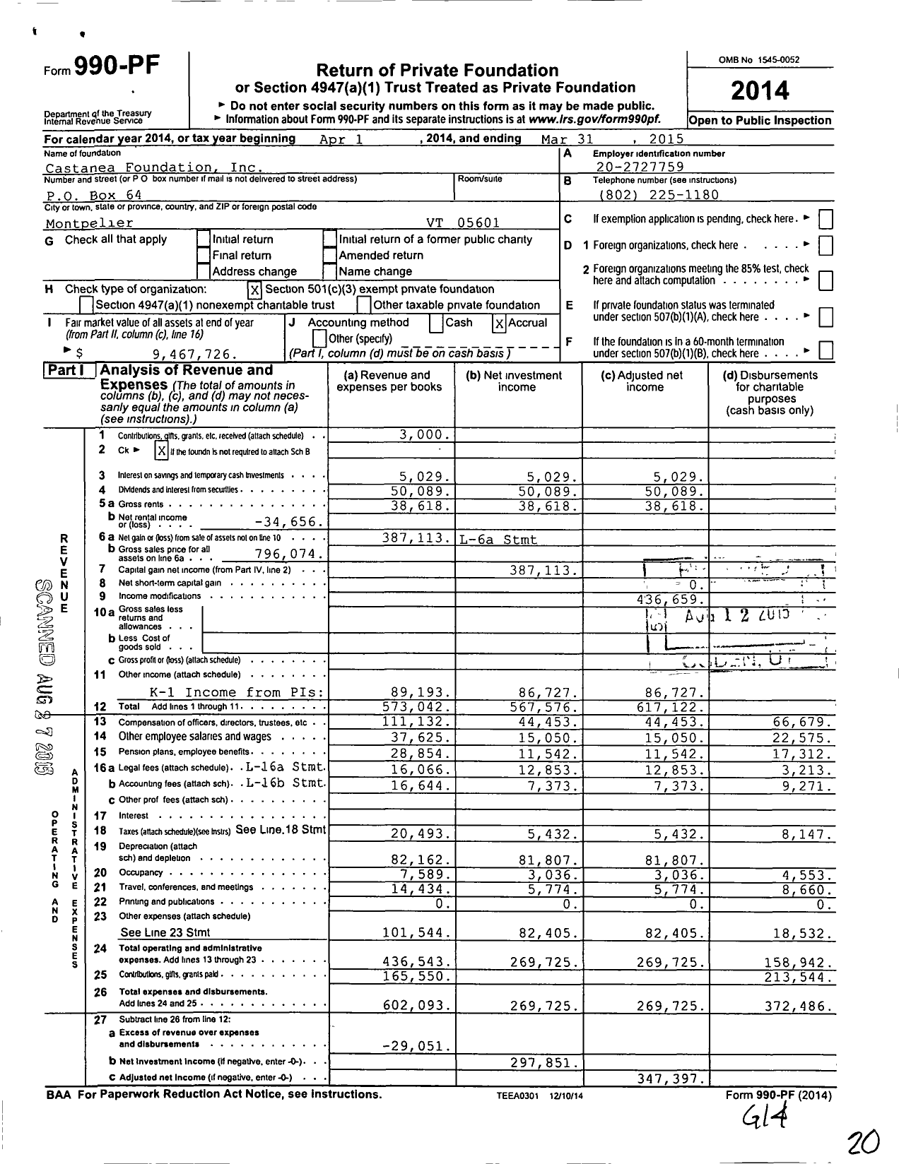 Image of first page of 2014 Form 990PF for Castanea Foundation
