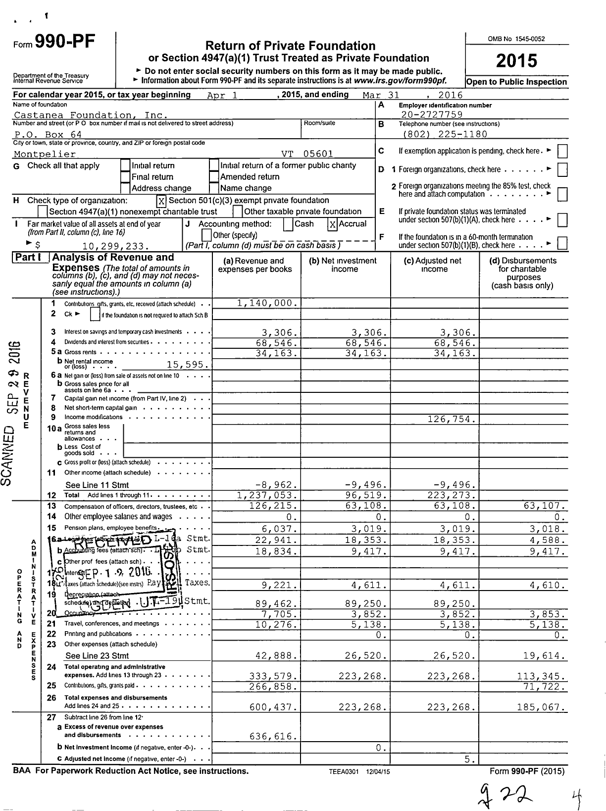 Image of first page of 2015 Form 990PF for Castanea Foundation