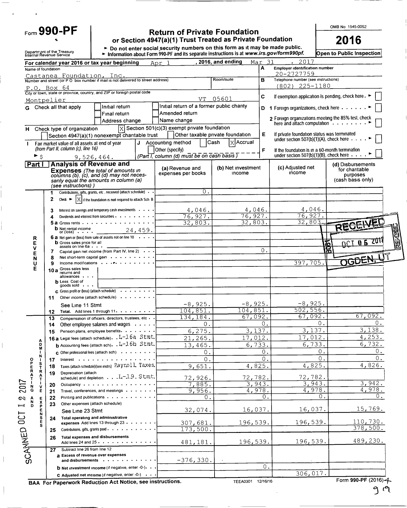 Image of first page of 2016 Form 990PF for Castanea Foundation