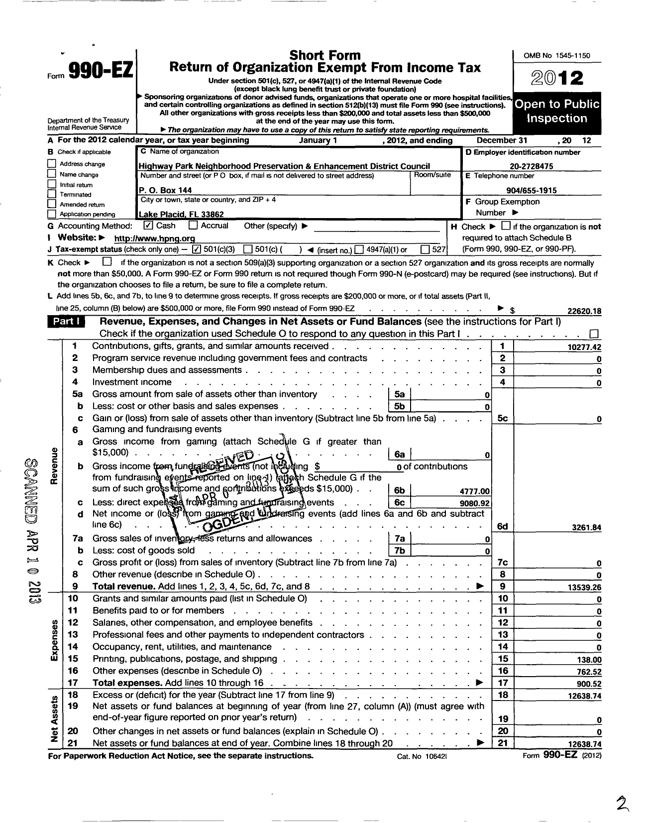 Image of first page of 2012 Form 990EZ for Highway Park Neighborhood Preservation and Enhance Dist