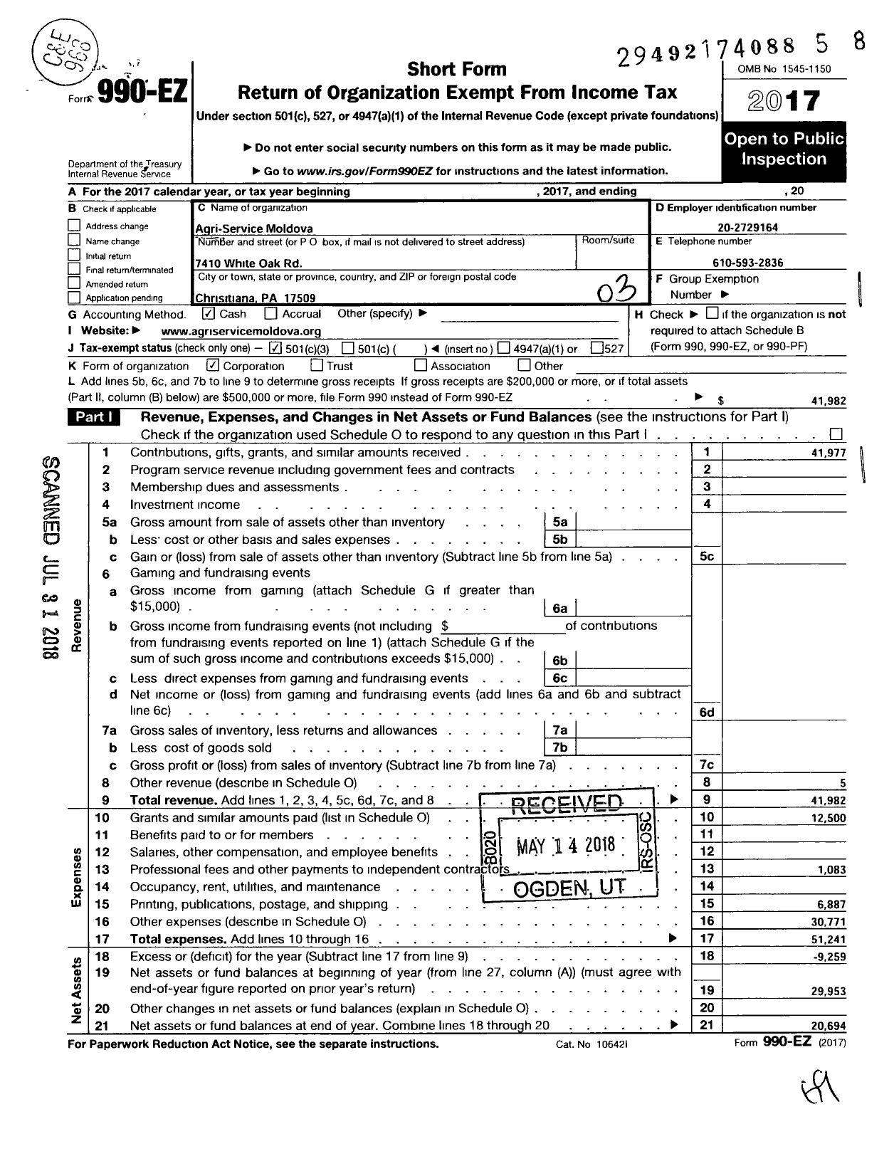 Image of first page of 2017 Form 990EZ for Agriservice Moldova