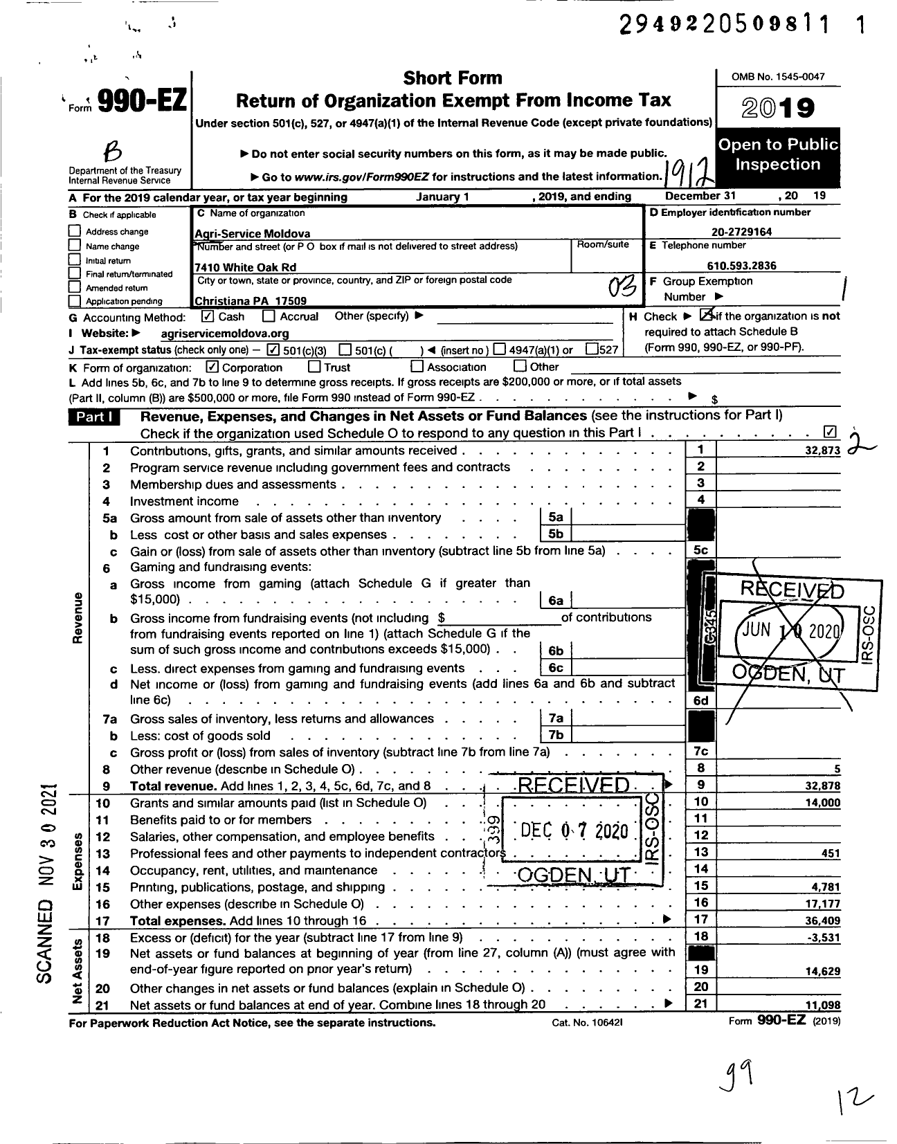 Image of first page of 2019 Form 990EZ for Agriservice Moldova